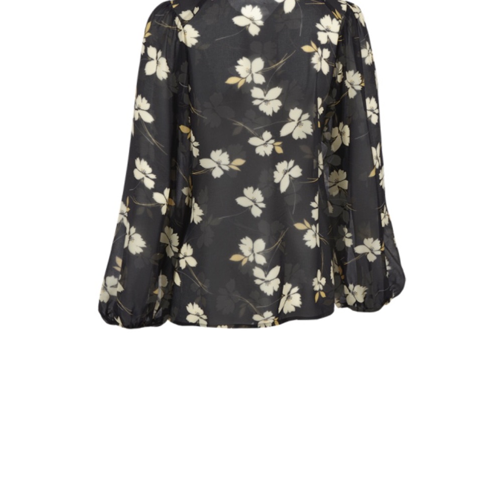 CAbi Black and White Floral Sheer Blouse with Notched Collar - Picture 6 of 6